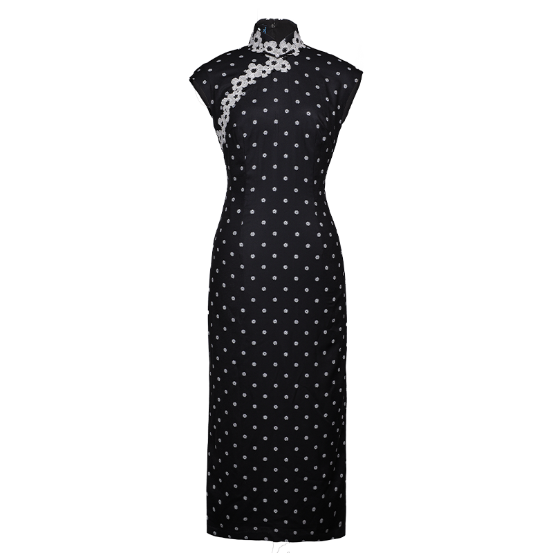 Ink-Black Shanghai Noir Polka Dots | Modern one-Pieces Qipao Dress(语莺) - Image 10