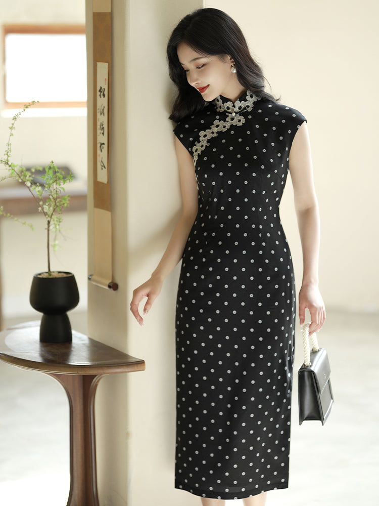 Ink-Black Shanghai Noir Polka Dots | Modern one-Pieces Qipao Dress(语莺) - Image 8