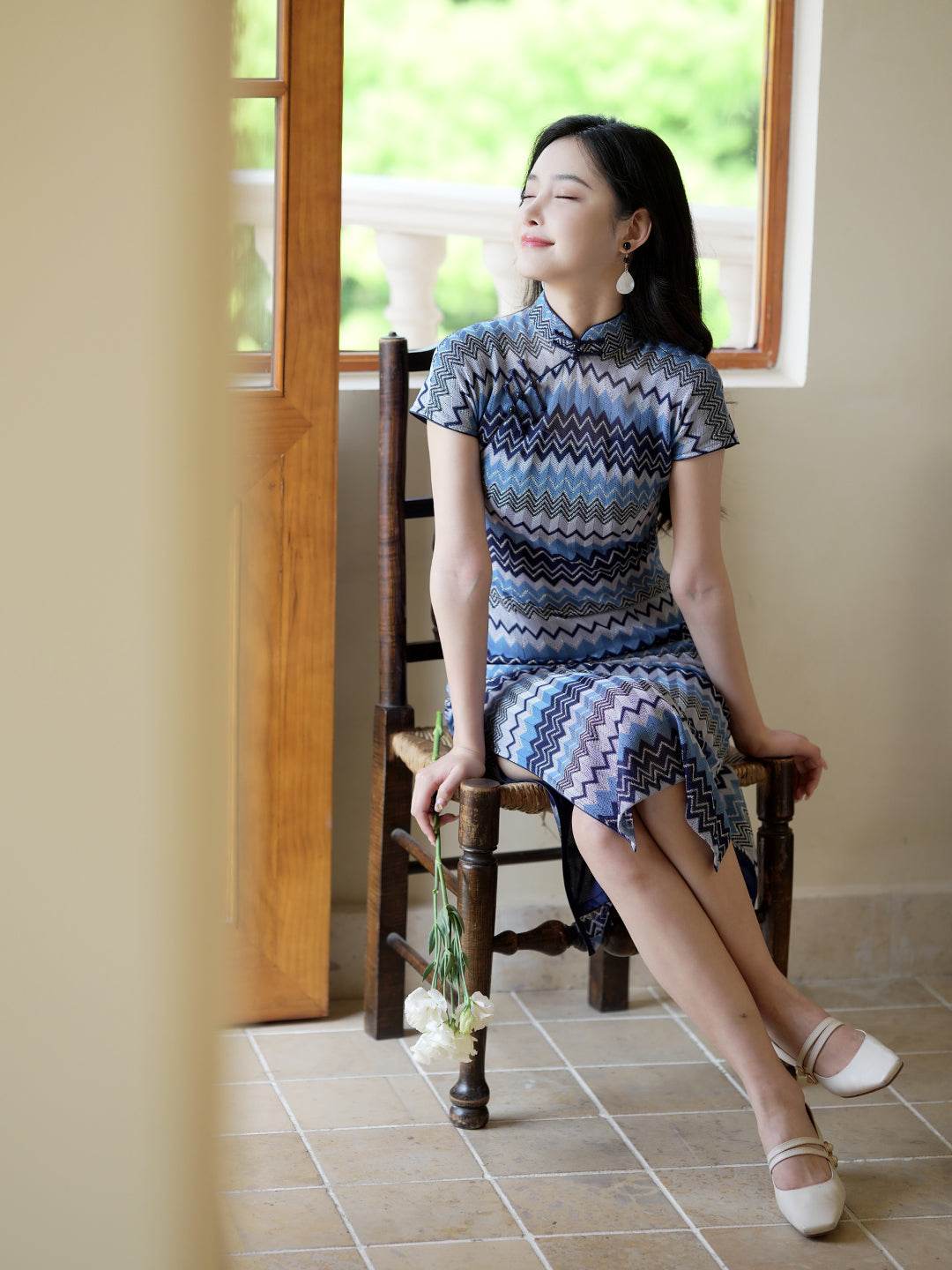 Blue and white wave pattern| Modern one-Pieces Qipao Dress(泽岚) - Image 1