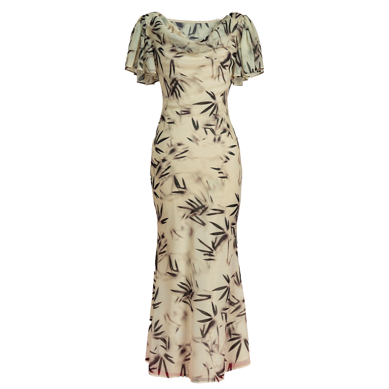 Warm Apricot Frosted Matte Stretch Mesh | Modern one-Pieces Qipao Dress (竹瑶) - Image 11