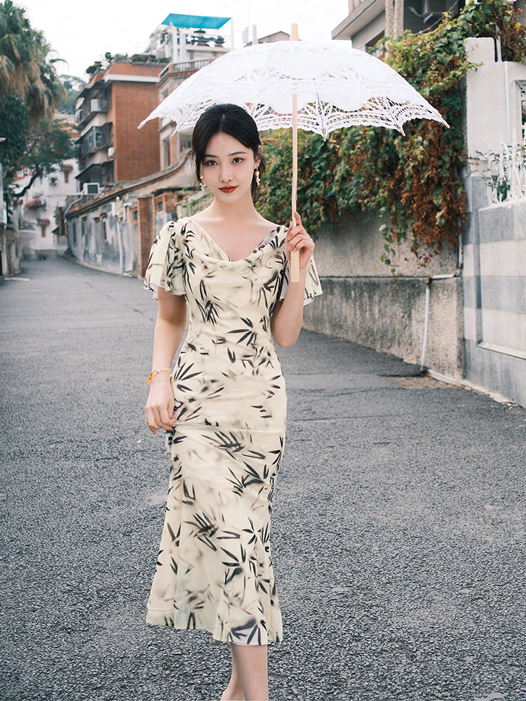 Warm Apricot Frosted Matte Stretch Mesh | Modern one-Pieces Qipao Dress (竹瑶) - Image 2