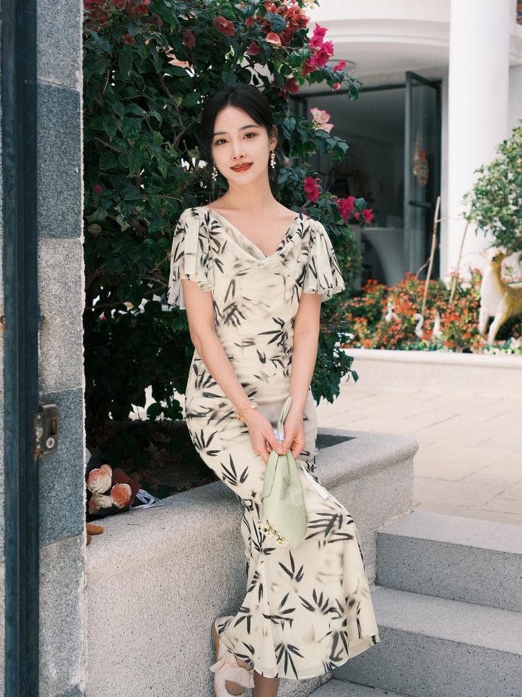 Warm Apricot Frosted Matte Stretch Mesh | Modern one-Pieces Qipao Dress (竹瑶) - Image 3
