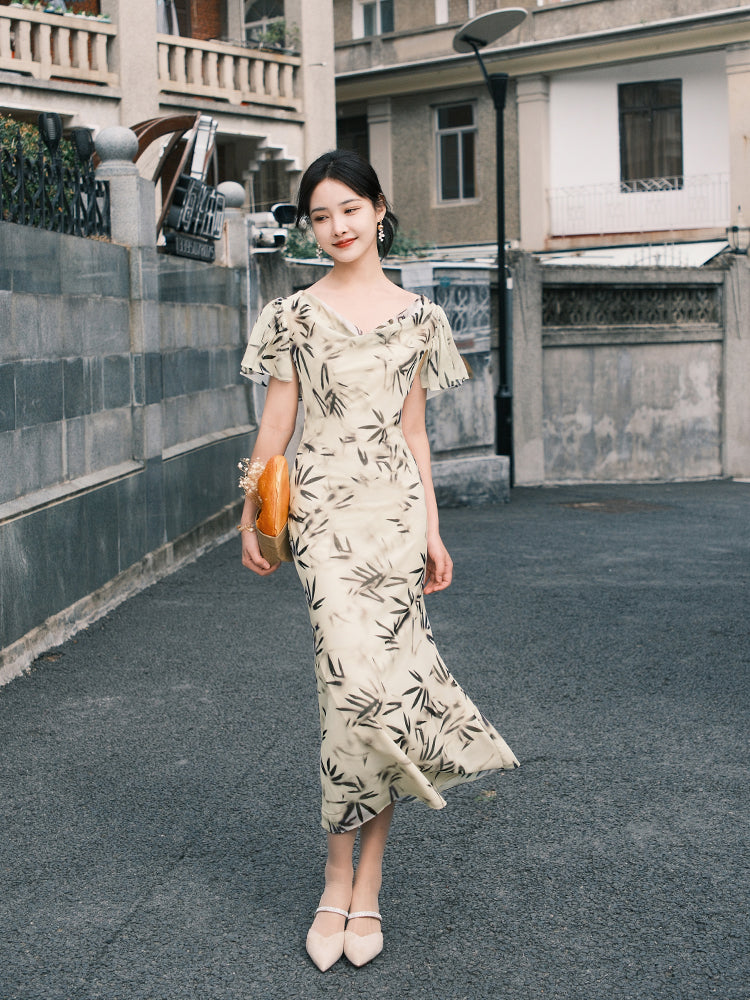 Warm Apricot Frosted Matte Stretch Mesh | Modern one-Pieces Qipao Dress (竹瑶) - Image 7