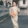 Warm Apricot Frosted Matte Stretch Mesh | Modern one-Pieces Qipao Dress (竹瑶) - Thumbnail Image 8