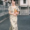 Warm Apricot Frosted Matte Stretch Mesh | Modern one-Pieces Qipao Dress (竹瑶) - Thumbnail Image 9